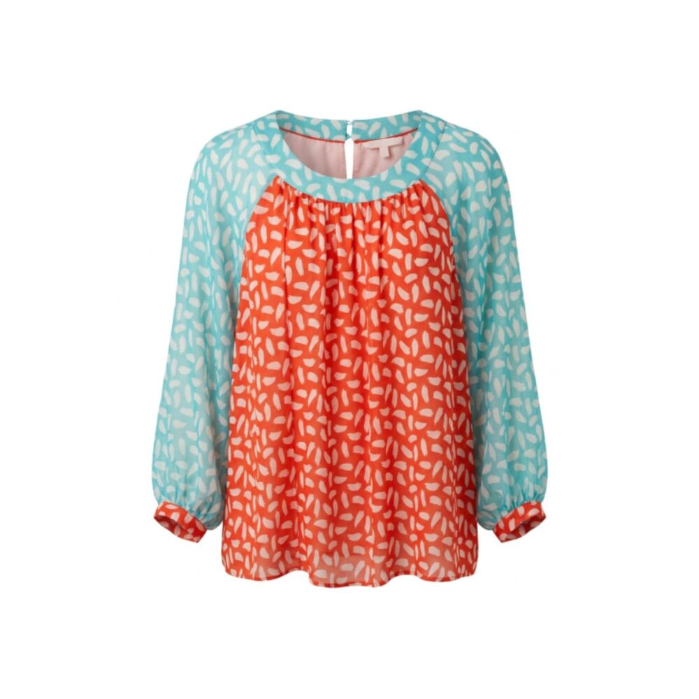 Boden Fully Lined Blouse Size 14 Coral Turquoise Blouson Sleeve Premium Top